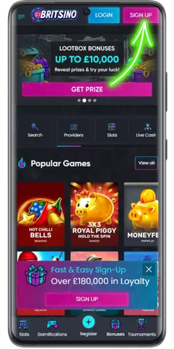 Sign up button on No KYC Casino homepage