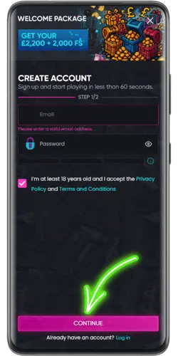 Email and password setup at No KYC Casino