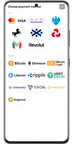 Payment methods menu at No KYC Casino
